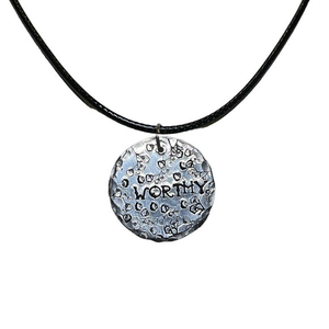Handmade stamped floral worthy hypoallergenic silver Black leather cord necklace